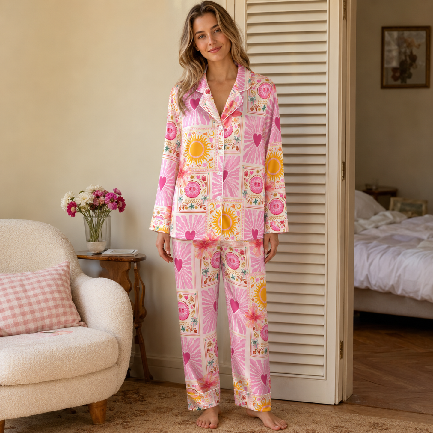 PJ-M109-Magenta Poly Hippie Pajama Apparel, Sweet Tropical Printed Short Sleeve Loungewear Sleepwear Collection Attire