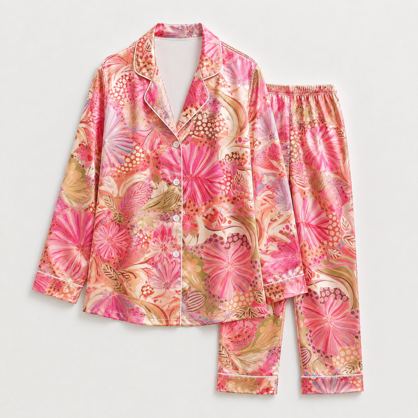 PJ-M110-Pink Satin Retro Pajama Apparel, Coral Floral Pattern Short Sleeve Loungewear Sleepwear Collection Clothing