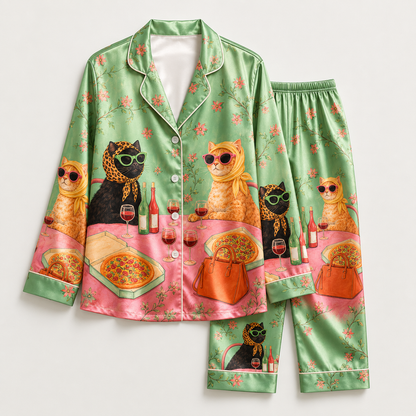 PJ-M111-Sage Silk Feline Pajama Apparel, Colorful Wine Graphic Short Sleeve Loungewear Sleepwear Collection Raiment
