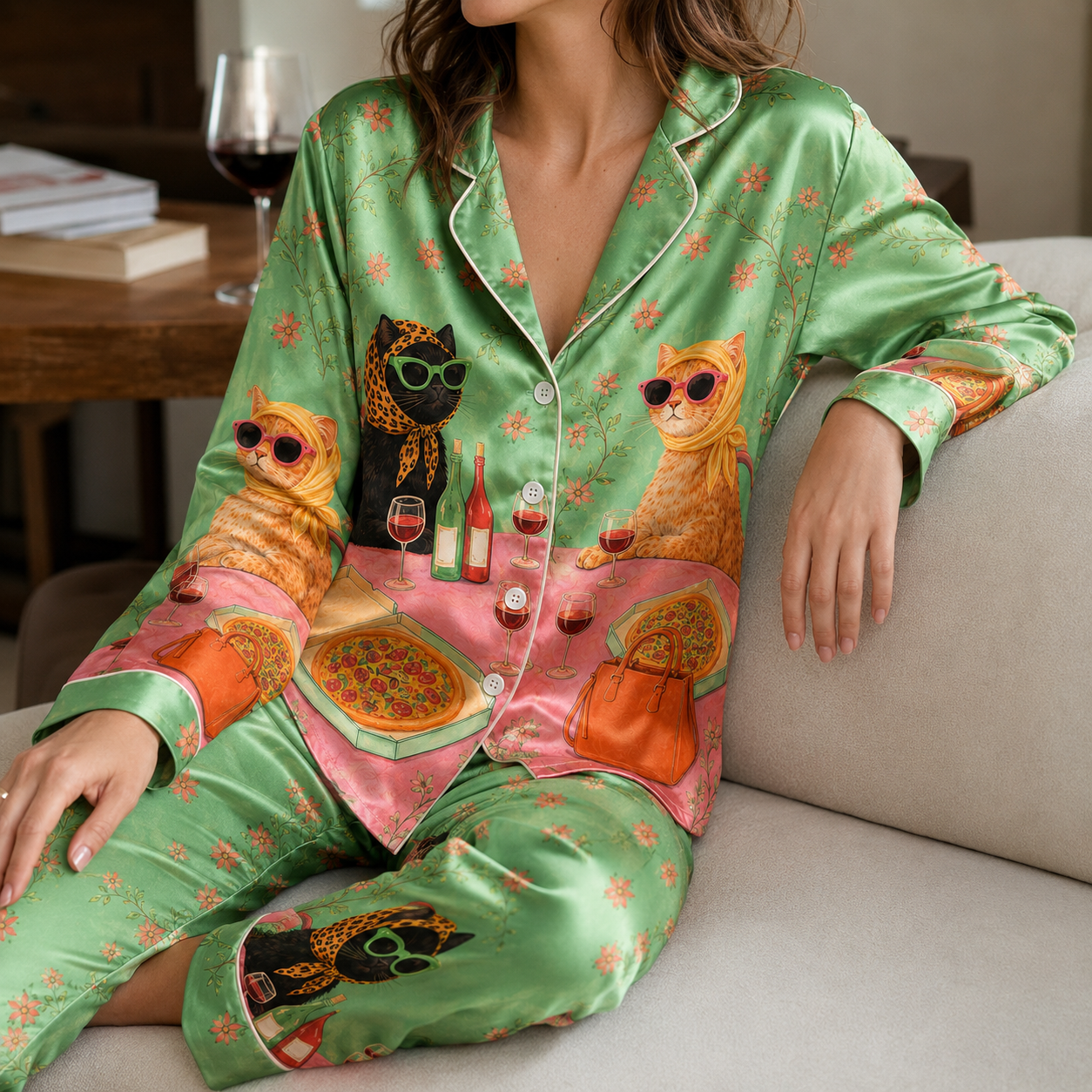 PJ-M111-Sage Silk Feline Pajama Apparel, Colorful Wine Graphic Short Sleeve Loungewear Sleepwear Collection Raiment
