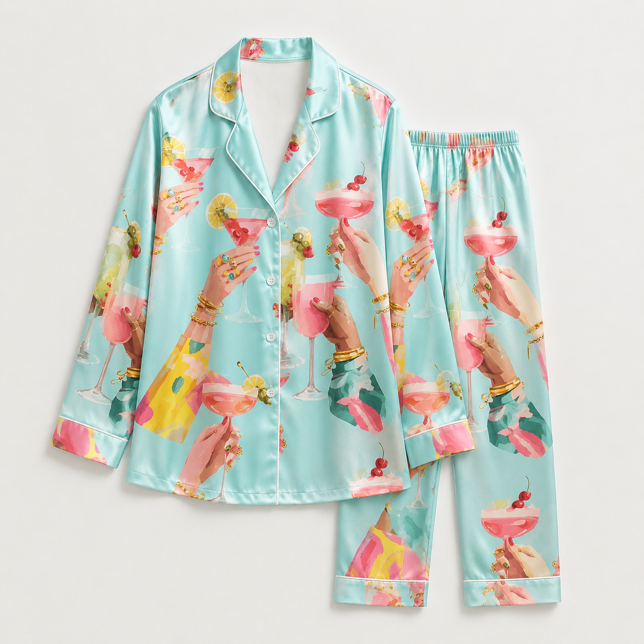 PJ-M112-Cerulean Satin Novelty Pajama Apparel, Elegant Martini Layout Short Sleeve Loungewear Sleepwear Collection Garments
