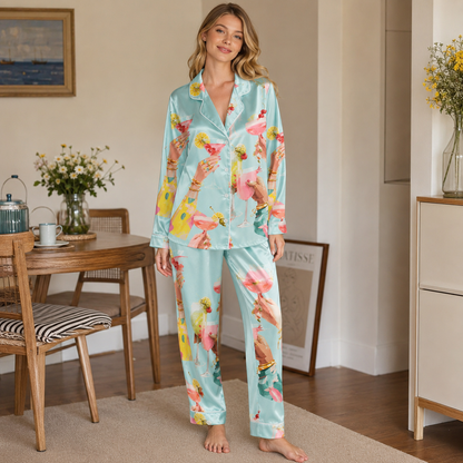 PJ-M112-Cerulean Satin Novelty Pajama Apparel, Elegant Martini Layout Short Sleeve Loungewear Sleepwear Collection Garments