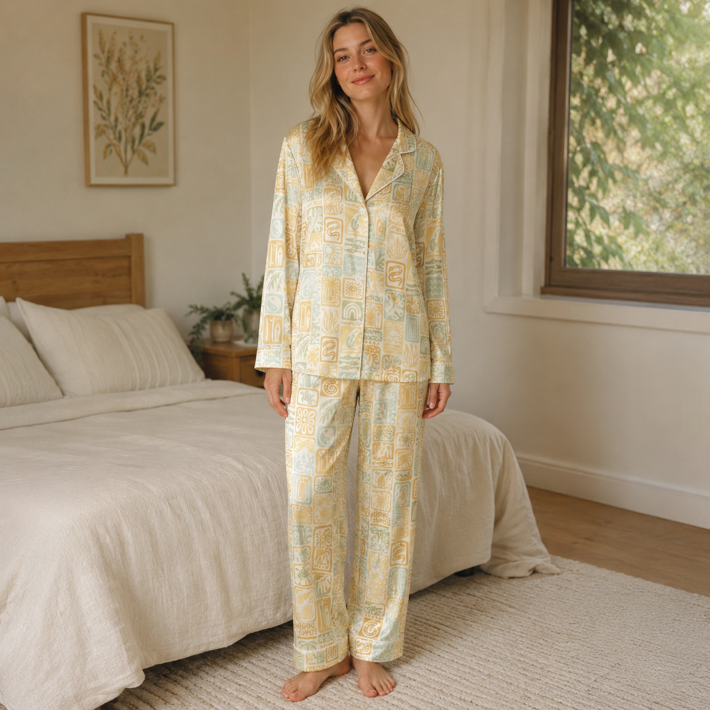 PJ-M126-Sage Poly Boho Pajama Apparel, Sweet Tropical Printed Short Sleeve Loungewear Sleepwear Collection Attire