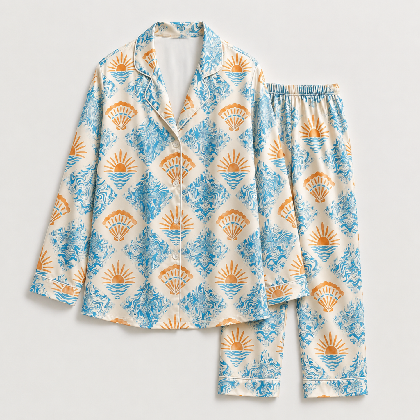 PJ-M127-Coastal Shell Sunrise Satin Pajama Set Ocean Wave Loungewear