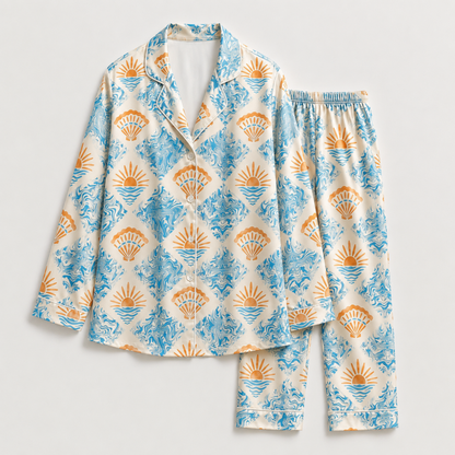 PJ-M127-Coastal Shell Sunrise Satin Pajama Set Ocean Wave Loungewear