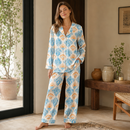 PJ-M127-Coastal Shell Sunrise Satin Pajama Set Ocean Wave Loungewear