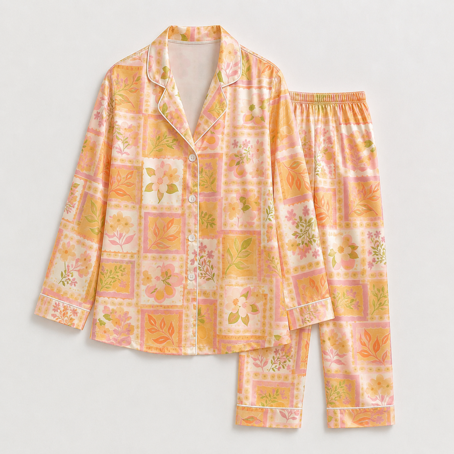 PJ-M128-Peach Satin Floral Pajama Apparel, Orange Patchwork Pattern Sleeve Loungewear Sleepwear Collection Clothing