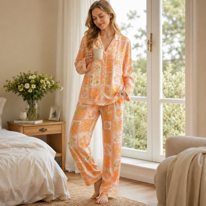 PJ-M128-Peach Satin Floral Pajama Apparel, Orange Patchwork Pattern Sleeve Loungewear Sleepwear Collection Clothing