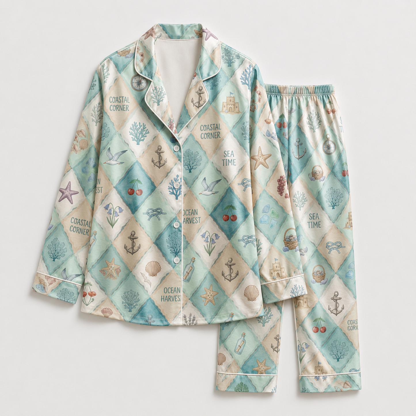 PJ-M129-Turquoise Satin Coastal Pajama Apparel, Nautical Diamond Pattern Sleeve Loungewear Sleepwear Collection Clothing