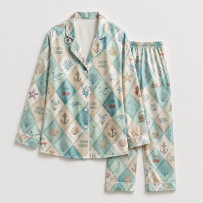 PJ-M129-Turquoise Satin Coastal Pajama Apparel, Nautical Diamond Pattern Sleeve Loungewear Sleepwear Collection Clothing