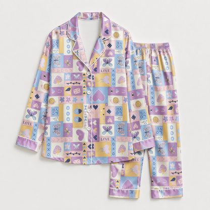 PJ-M130-Purple Satin Patchwork Pajama Apparel, Pastel Heart Pattern Sleeve Loungewear Sleepwear Collection Clothing