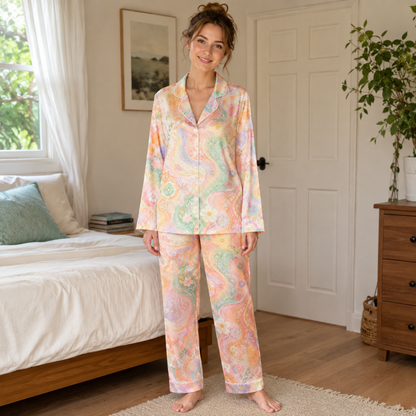 PJ-M131-Lavender Poly Botanical Pajama Apparel, Sweet Marble Printed Short Sleeve Loungewear Sleepwear Collection Attire