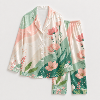PJ-M132-Ivory Poly Garden Pajama Apparel, Sweet Lotus Printed Short Sleeve Loungewear Sleepwear Collection Attire