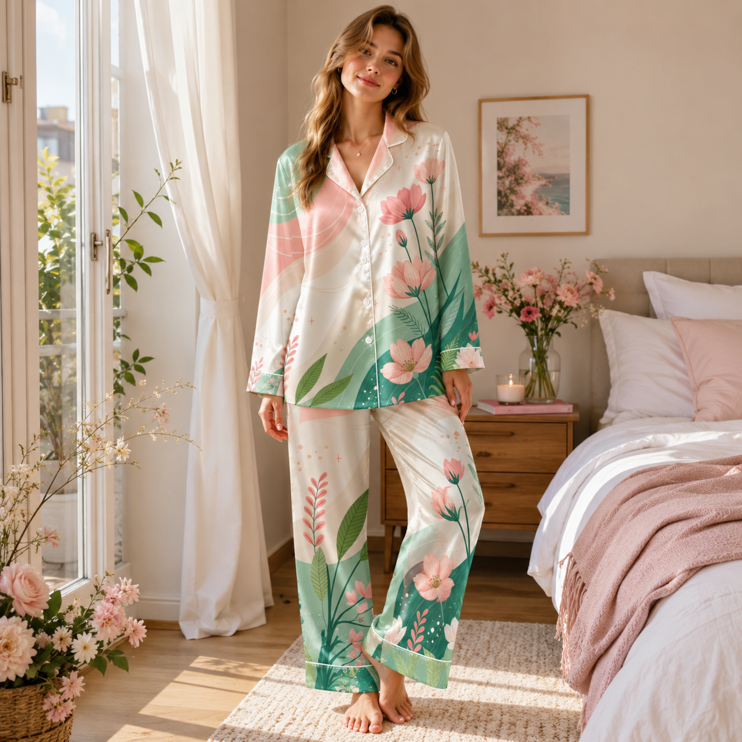 PJ-M132-Ivory Poly Garden Pajama Apparel, Sweet Lotus Printed Short Sleeve Loungewear Sleepwear Collection Attire