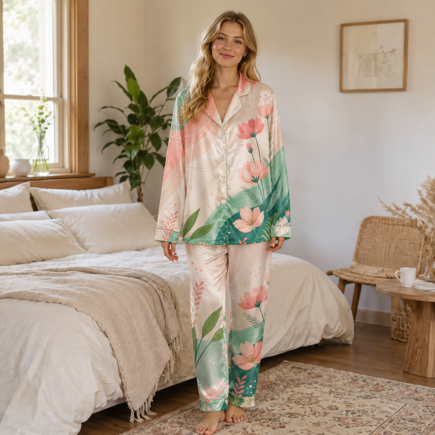 PJ-M132-Ivory Poly Garden Pajama Apparel, Sweet Lotus Printed Short Sleeve Loungewear Sleepwear Collection Attire