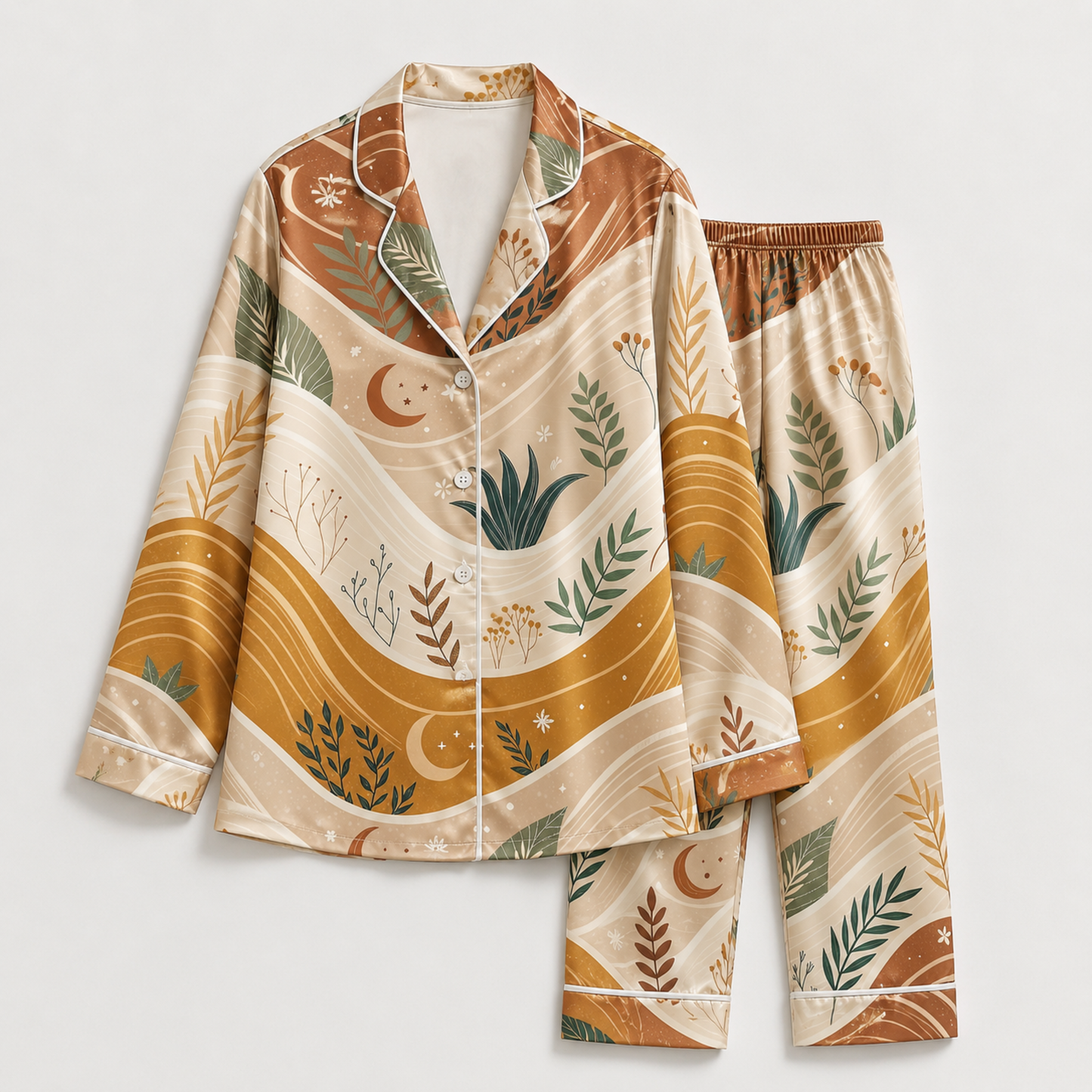 PJ-M133-Ochre Satin Geometric Pajama Apparel, Elegant Foliage Layout Short Sleeve Loungewear Sleepwear Collection Garments