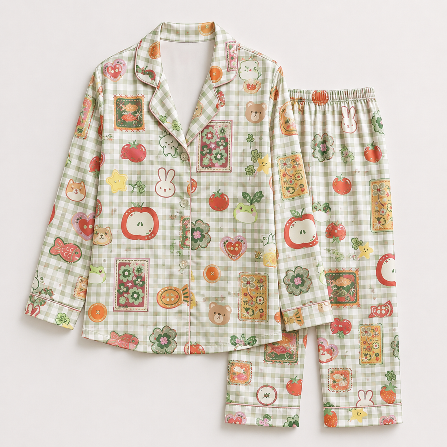 PJ-M135-Green Satin Gingham Pajama Apparel, Cute Bear Pattern Short Sleeve Loungewear Sleepwear Collection Clothing