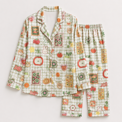 PJ-M135-Green Satin Gingham Pajama Apparel, Cute Bear Pattern Short Sleeve Loungewear Sleepwear Collection Clothing