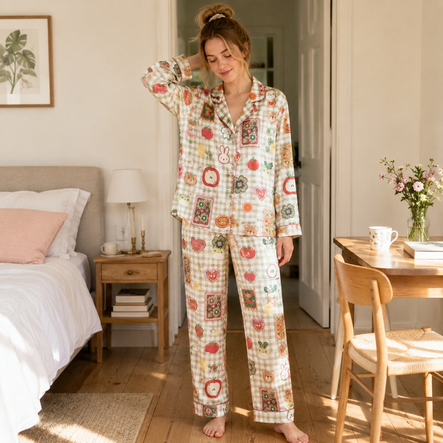 PJ-M135-Green Satin Gingham Pajama Apparel, Cute Bear Pattern Short Sleeve Loungewear Sleepwear Collection Clothing