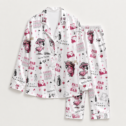 PJ-M136-White Satin Flamingo Pajama Apparel, Pink Golf Pattern Sleeve Loungewear Sleepwear Collection Clothing