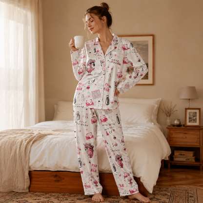PJ-M136-White Satin Flamingo Pajama Apparel, Pink Golf Pattern Sleeve Loungewear Sleepwear Collection Clothing