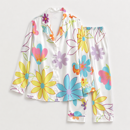 PJ-M137-Pearl Silk Botanical Pajama Apparel, Retro Blossom Graphic Short Sleeve Loungewear Sleepwear Collection Raiment
