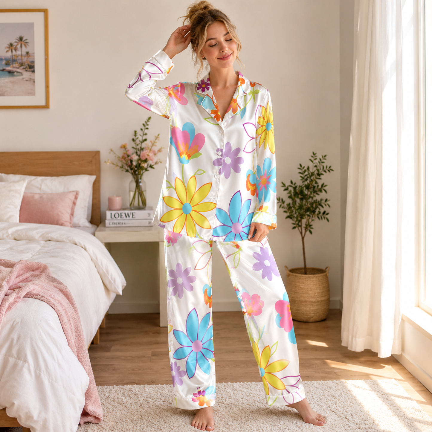 PJ-M137-Pearl Silk Botanical Pajama Apparel, Retro Blossom Graphic Short Sleeve Loungewear Sleepwear Collection Raiment