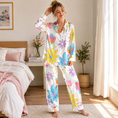 PJ-M137-Pearl Silk Botanical Pajama Apparel, Retro Blossom Graphic Short Sleeve Loungewear Sleepwear Collection Raiment