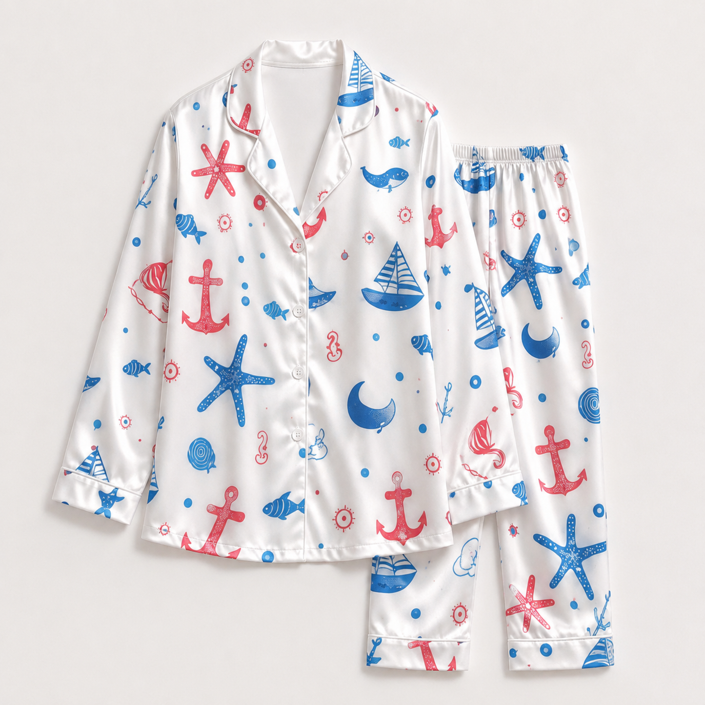 PJ-M138-White Satin Nautical Pajama Apparel, Blue Sailboat Pattern Short Sleeve Loungewear Sleepwear Collection Clothing