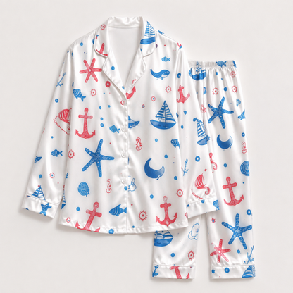 PJ-M138-White Satin Nautical Pajama Apparel, Blue Sailboat Pattern Short Sleeve Loungewear Sleepwear Collection Clothing