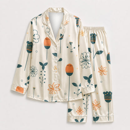 PJ-M139-Ivory Satin Floral Pajama Apparel, Orange Botanical Pattern Short Sleeve Loungewear Sleepwear Collection Clothing