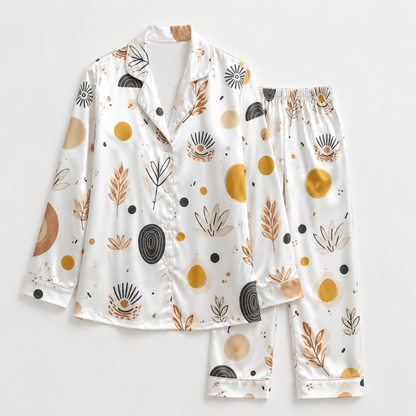 PJ-M140-Modern Boho Geometric Satin Pajama Set with Abstract Mid Century Pattern for Cozy Sleepwear