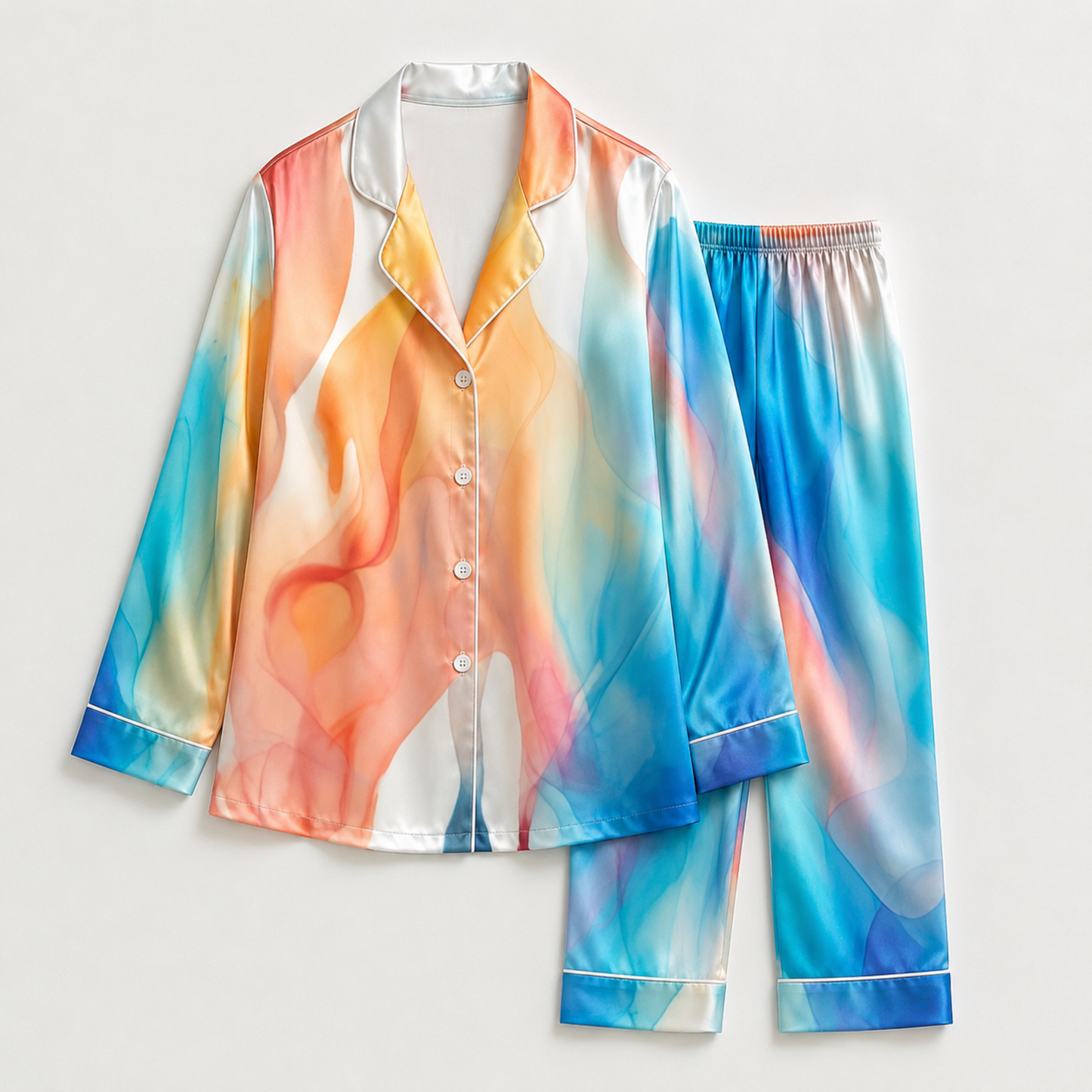 PJ-M142-Vibrant Watercolor Marble Satin Pajama Set with Colorful Abstract Art for Cozy Sleepwear