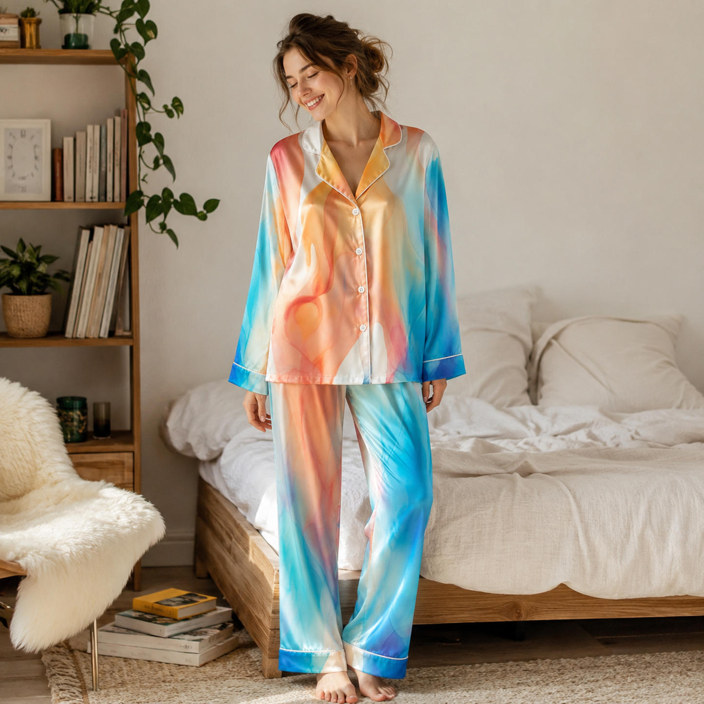 PJ-M142-Vibrant Watercolor Marble Satin Pajama Set with Colorful Abstract Art for Cozy Sleepwear