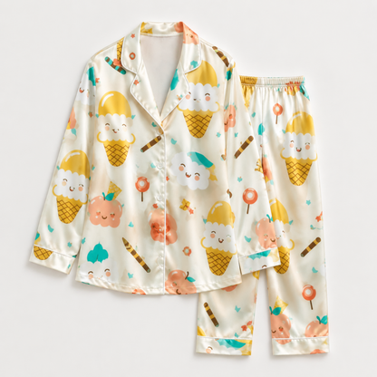 PJ-M143-Beige Satin Nightwear Pajama Apparel, Playful Lollipop Component Short Sleeve Loungewear Sleepwear Collection Vesture
