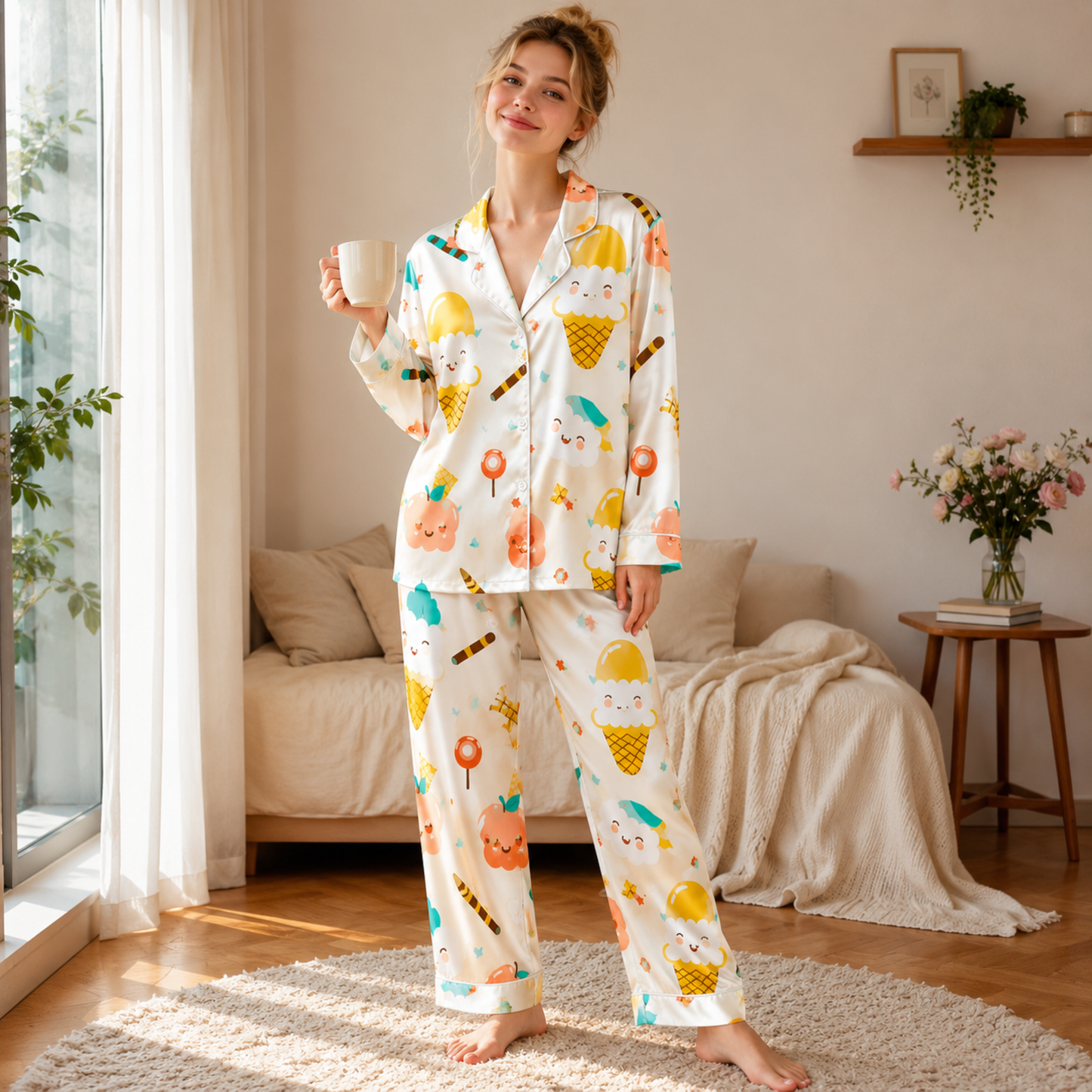 PJ-M143-Beige Satin Nightwear Pajama Apparel, Playful Lollipop Component Short Sleeve Loungewear Sleepwear Collection Vesture