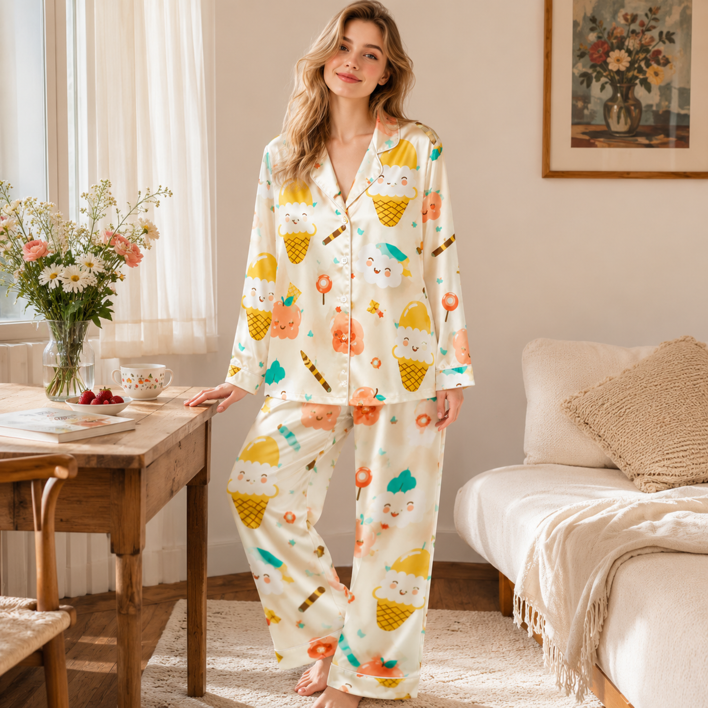 PJ-M143-Beige Satin Nightwear Pajama Apparel, Playful Lollipop Component Short Sleeve Loungewear Sleepwear Collection Vesture