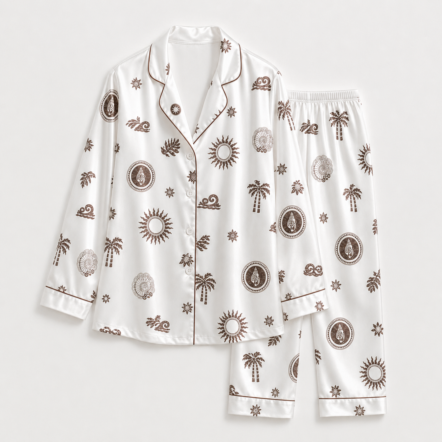 PJ-M144-White Satin Coastal Pajama Apparel, Brown Sun Pattern Short Sleeve Loungewear Sleepwear Collection Clothing