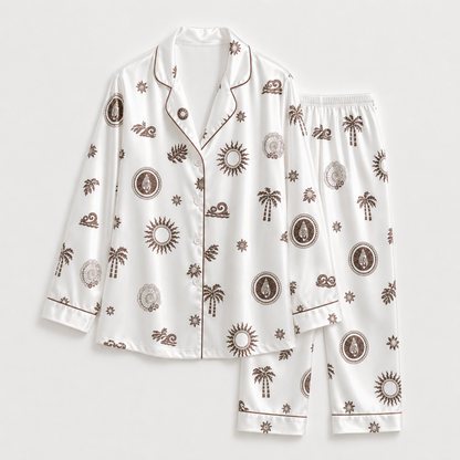 PJ-M144-White Satin Coastal Pajama Apparel, Brown Sun Pattern Short Sleeve Loungewear Sleepwear Collection Clothing