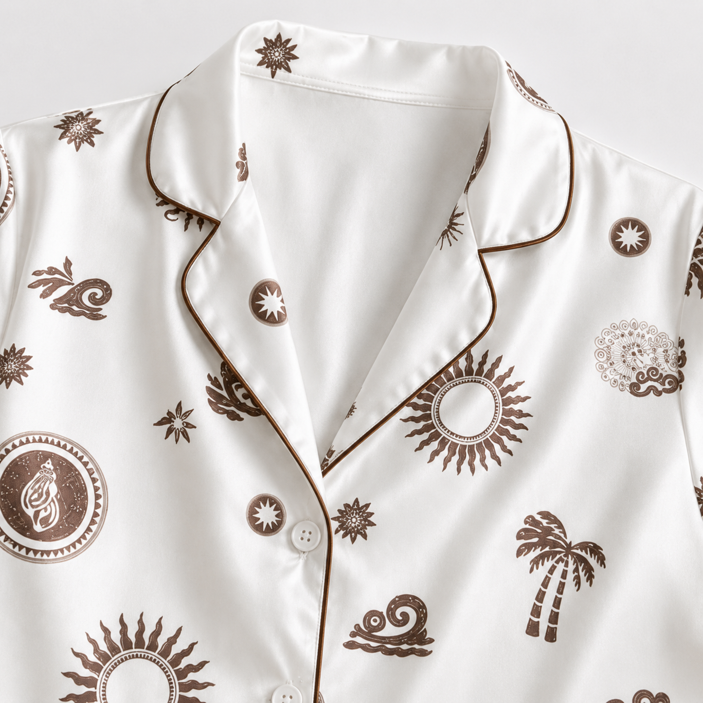 PJ-M144-White Satin Coastal Pajama Apparel, Brown Sun Pattern Short Sleeve Loungewear Sleepwear Collection Clothing