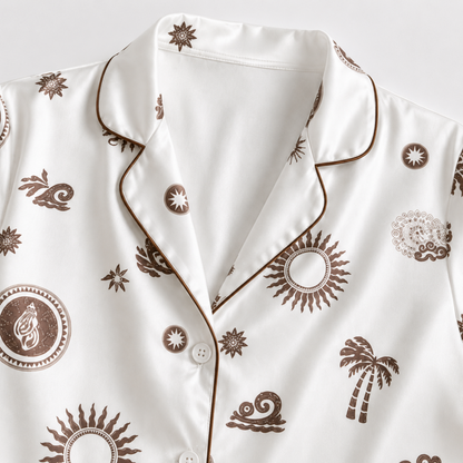 PJ-M144-White Satin Coastal Pajama Apparel, Brown Sun Pattern Short Sleeve Loungewear Sleepwear Collection Clothing