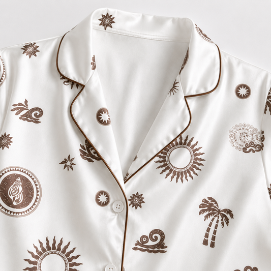 PJ-M144-White Satin Coastal Pajama Apparel, Brown Sun Pattern Short Sleeve Loungewear Sleepwear Collection Clothing