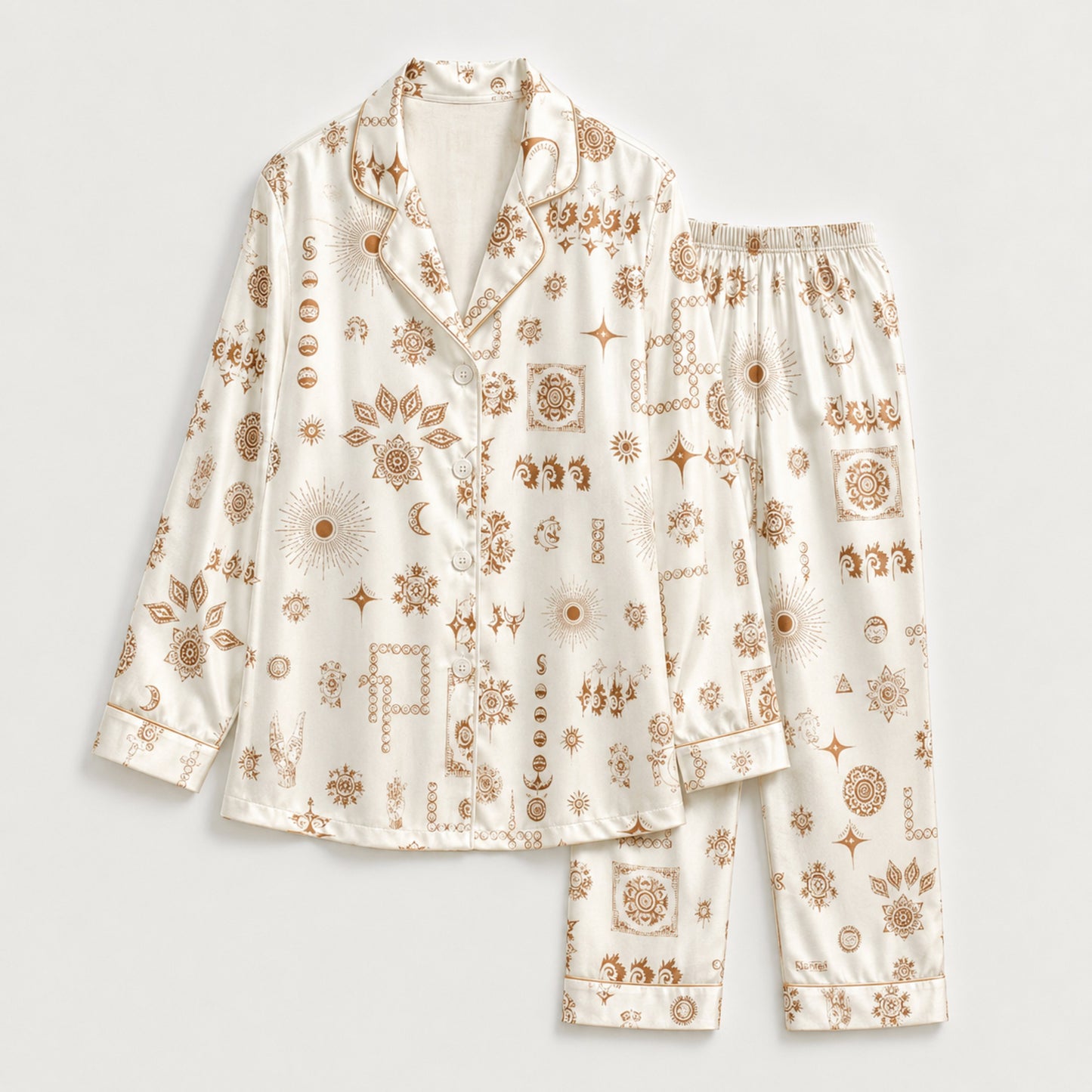 PJ-M145-Luxury White Satin Celestial Sun Moon Star Pajama Set