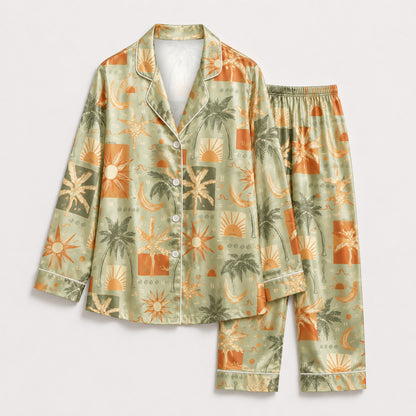 PJ-M146-Tropical Olive Green Satin Pajama Set With Sun Moon Palm Tree Print Sleepwear Gift