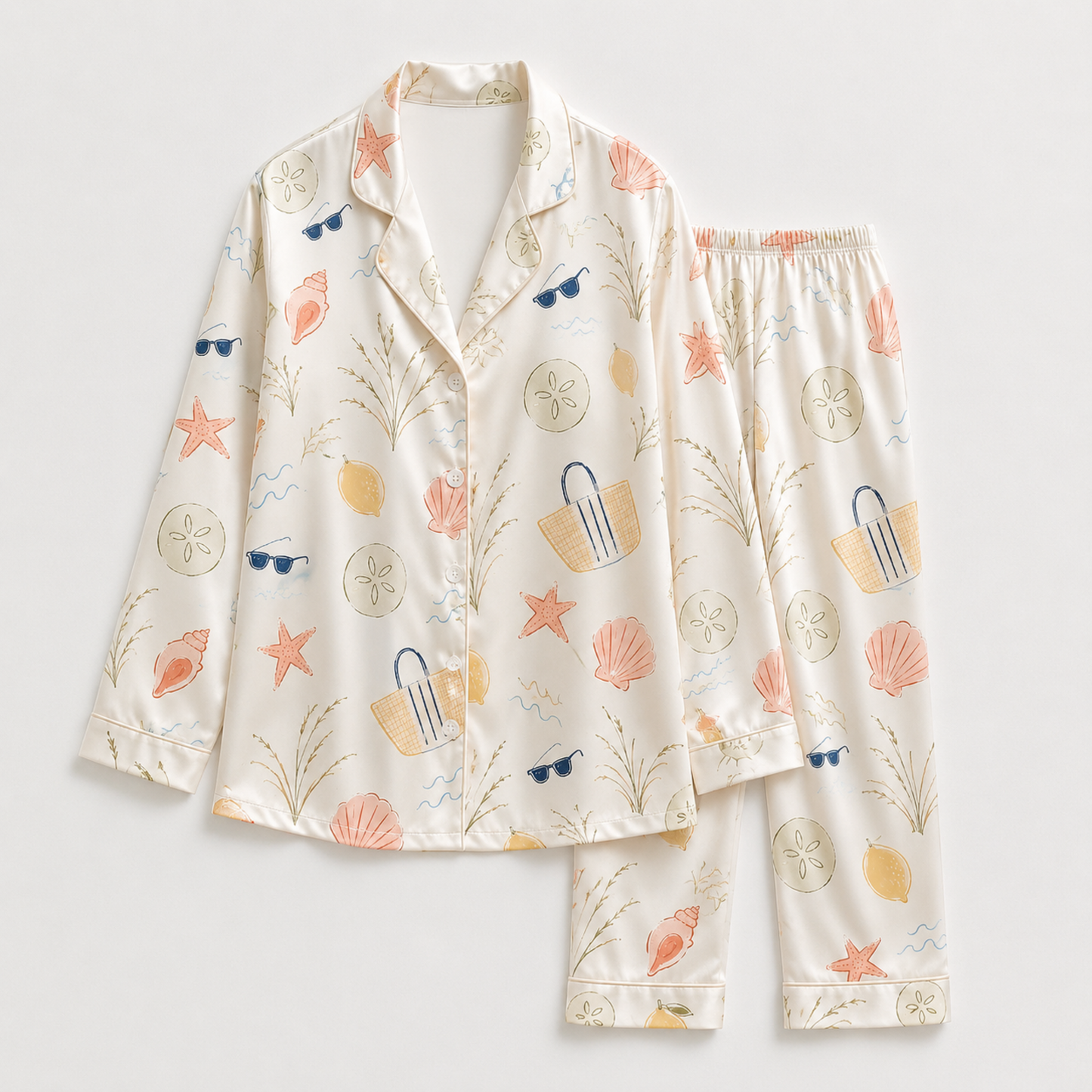 PJ-M147-Coastal Summer Vacation Seaside Motif Satin Pajama Set For Elevated Relaxed Home Loungewear Gift