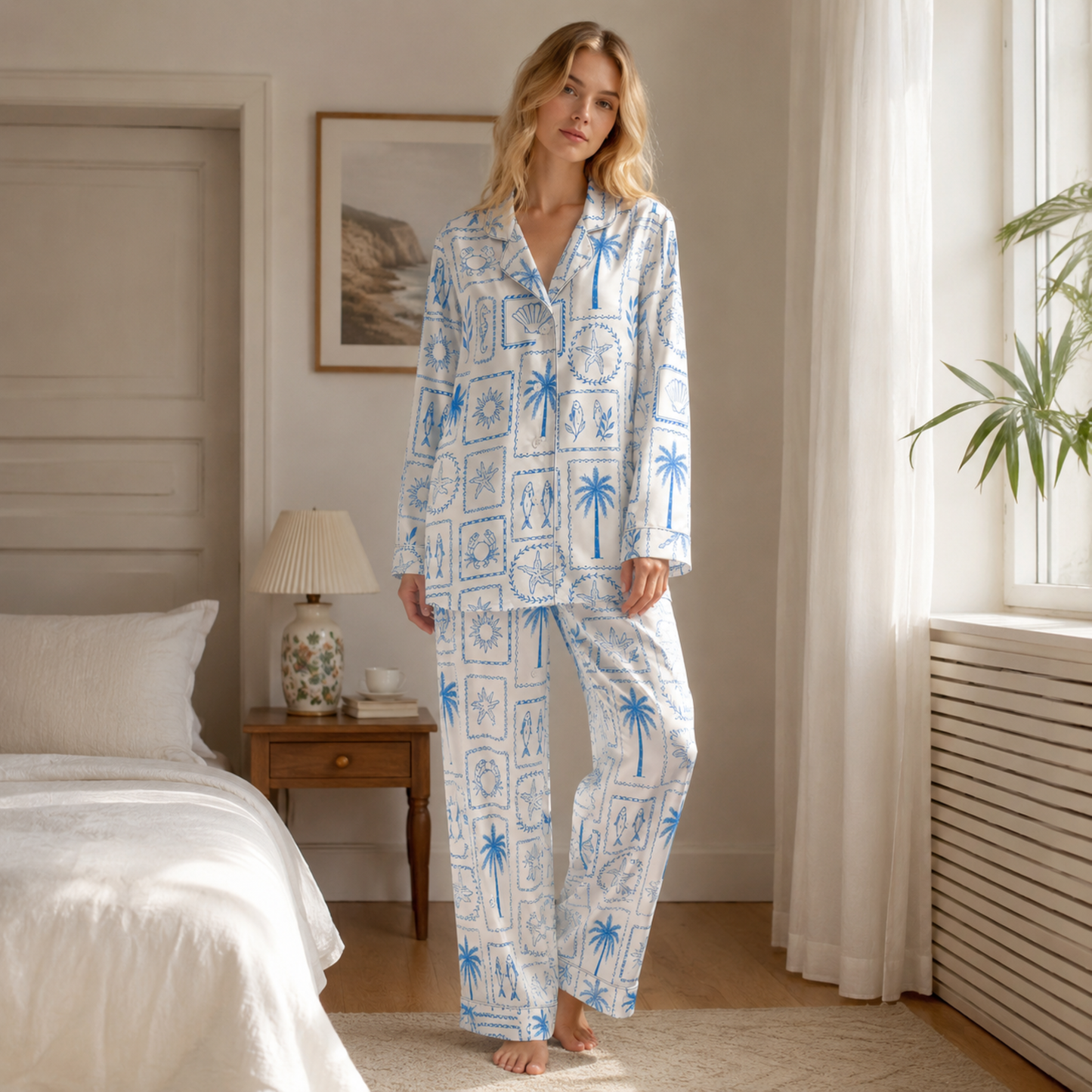 PJ-M148-Blue Coastal Shell Palm Crab Starfish Satin Pajama Set Sleepwear