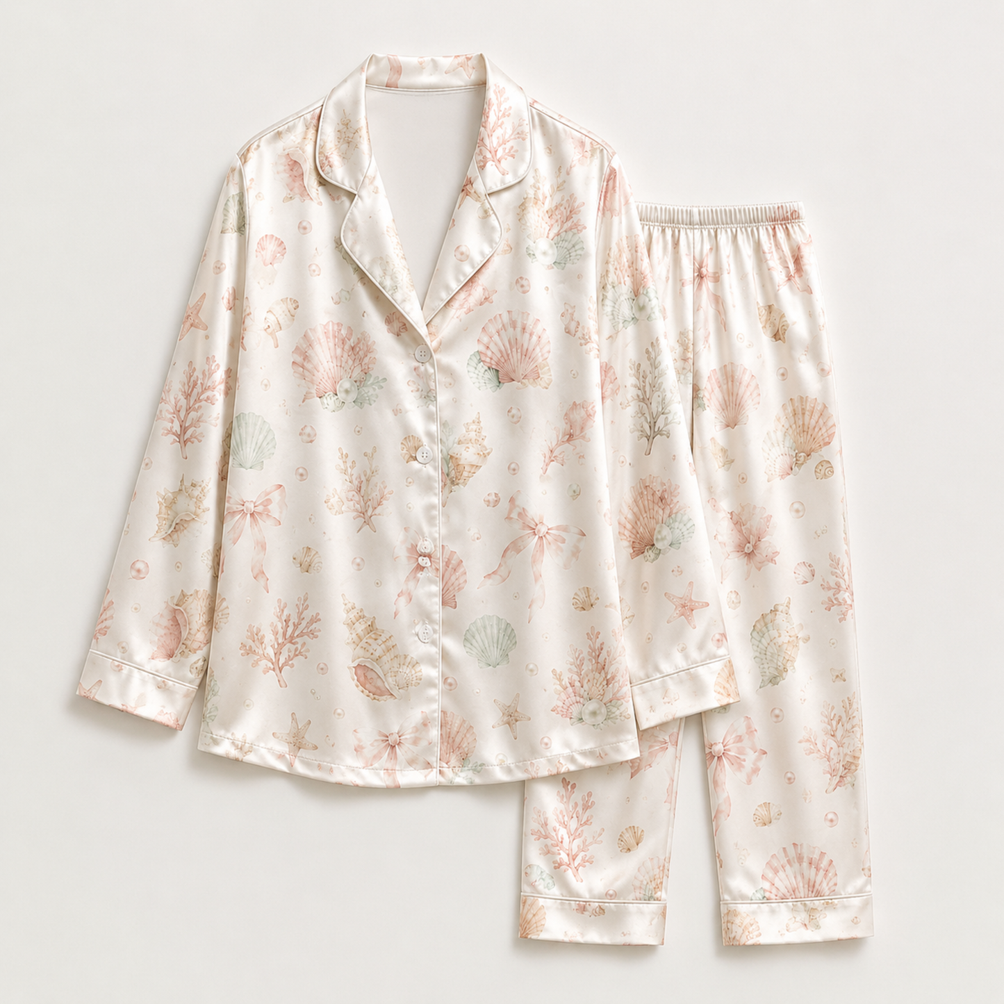 PJ-M149-Pastel Seashell Coral Satin Pajamas Coquette Bow Coastal Sleepwear Pjs