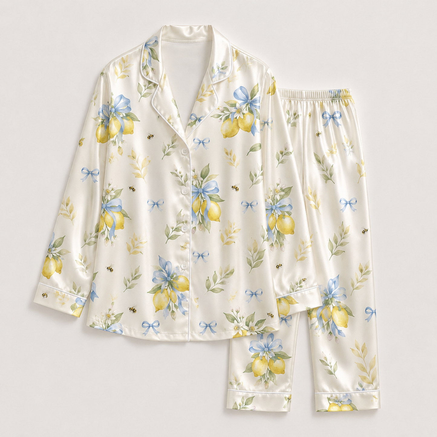 PJ-M150-Botanical Lemon Bow Satin Pajamas Watercolor Bee Floral Sleepwear Pjs