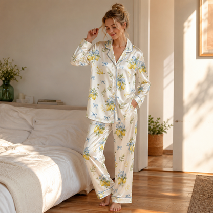 PJ-M150-Botanical Lemon Bow Satin Pajamas Watercolor Bee Floral Sleepwear Pjs