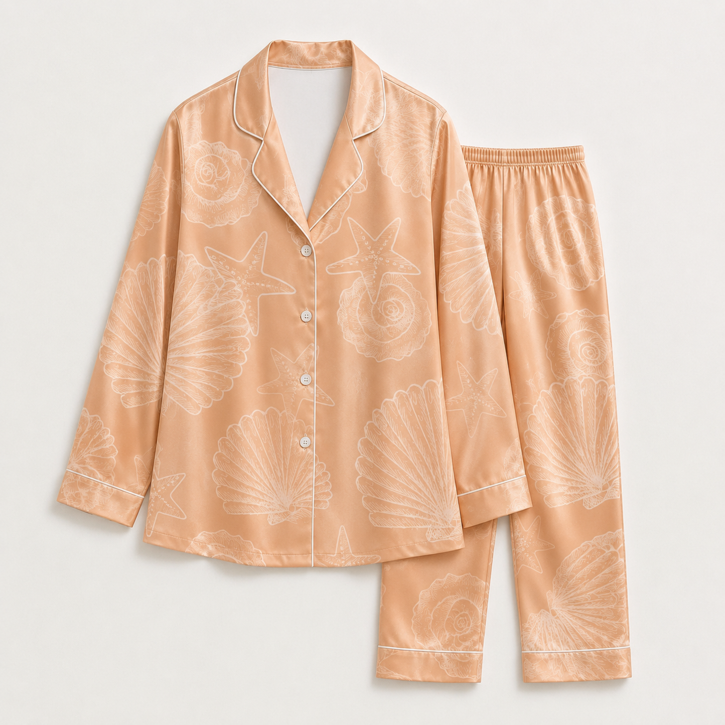 PJ-M151-Peach Seashell Sketch Satin Pajamas Minimalist Starfish Coastal Sleepwear Pjs